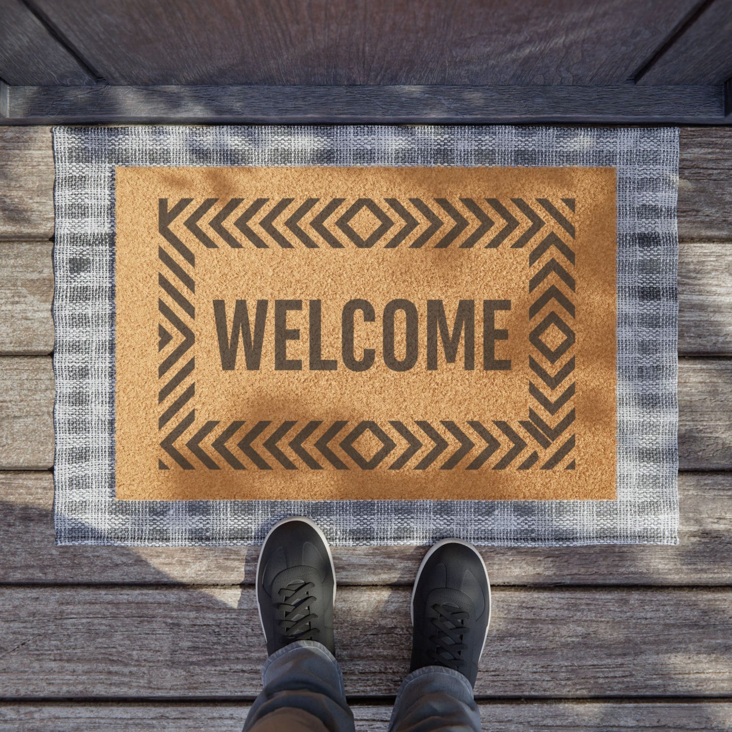 Natural Coir Welcome Doormat with Geometric Border