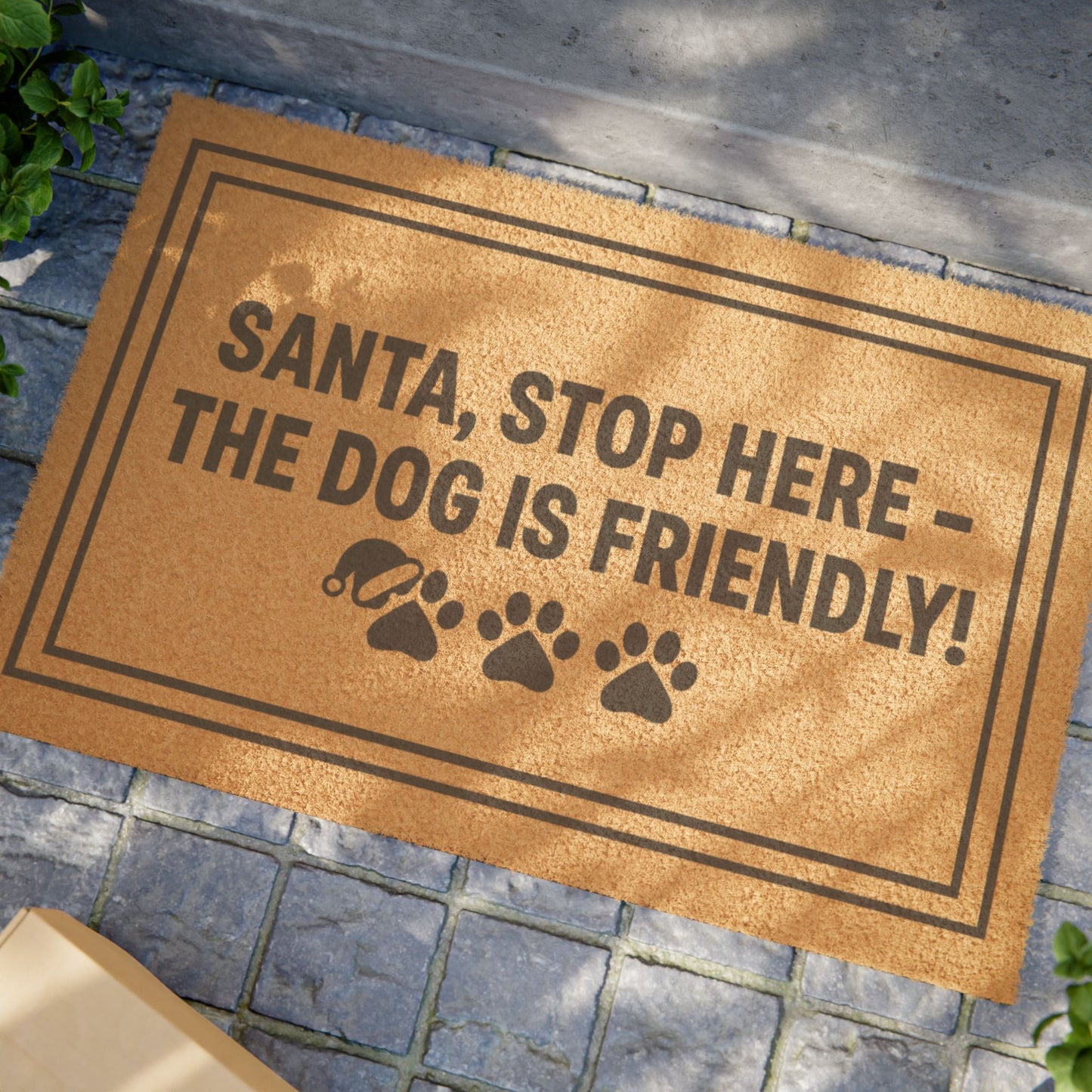 Doormat — “Santa, Stop Here - The Dog Is Friendly” Holiday Welcome Mat