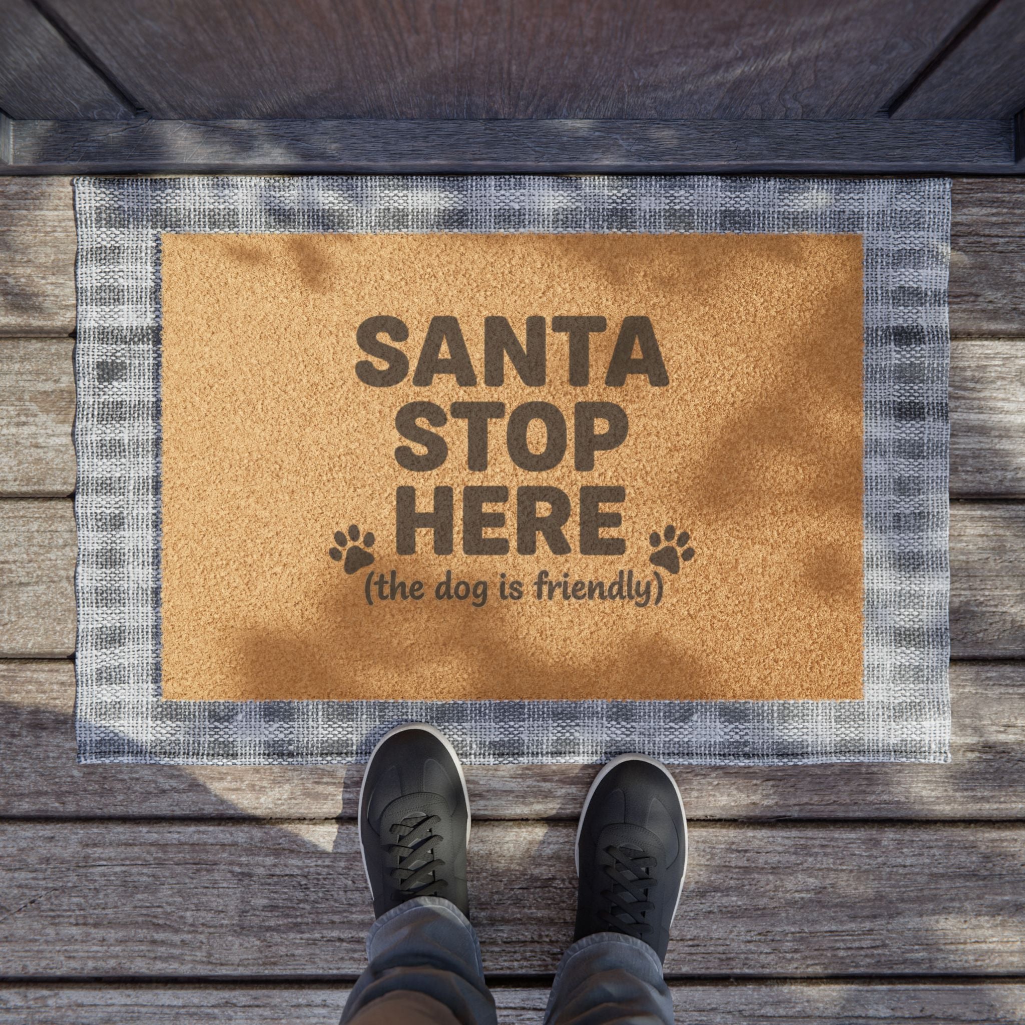 Christmas Doormat — "Santa Stop Here (the dog is friendly)" Holiday Welcome Mat