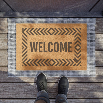 Natural Coir Welcome Doormat with Geometric Border