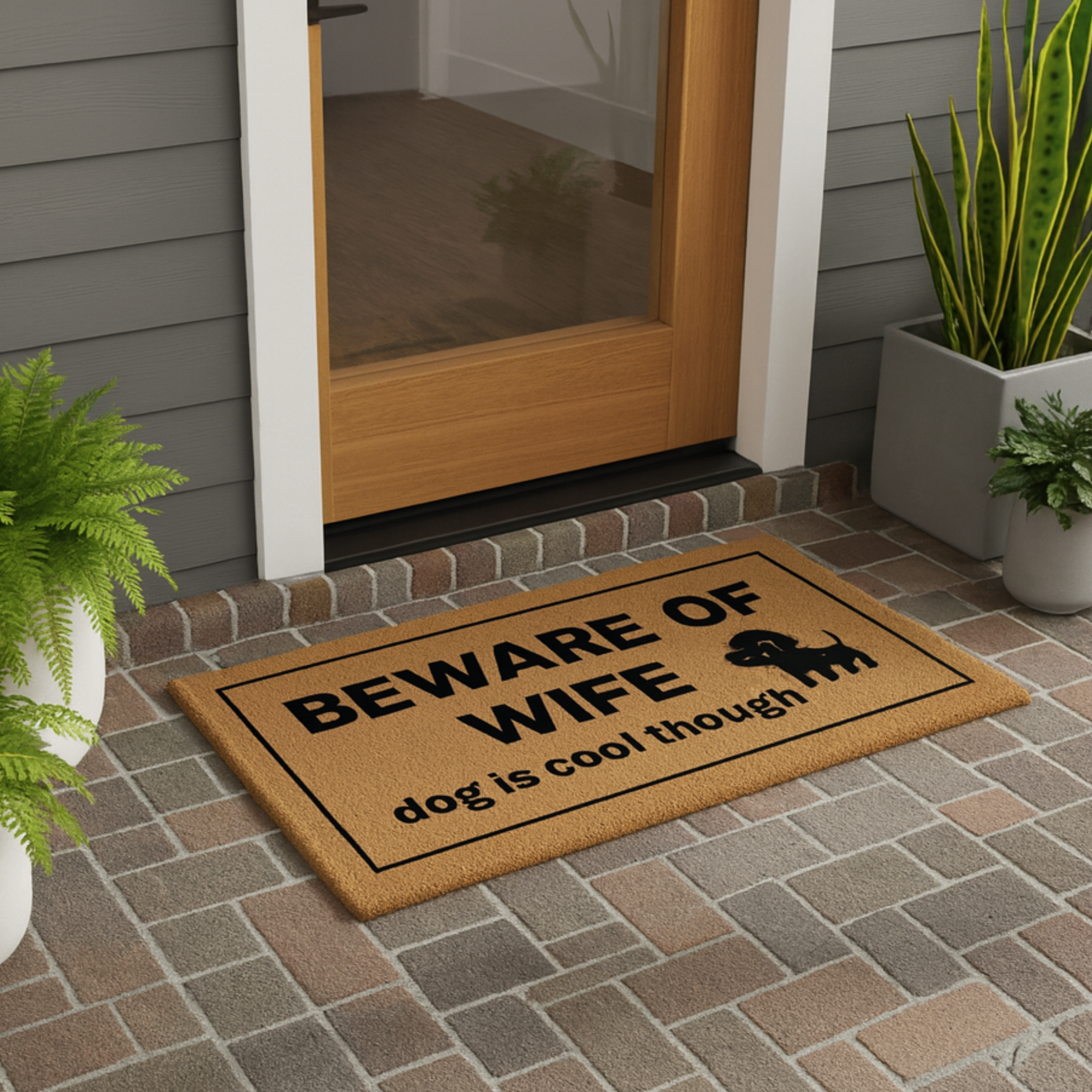 Doormat — “BEWARE OF WIFE, dog is cool though” Funny Welcome Mat