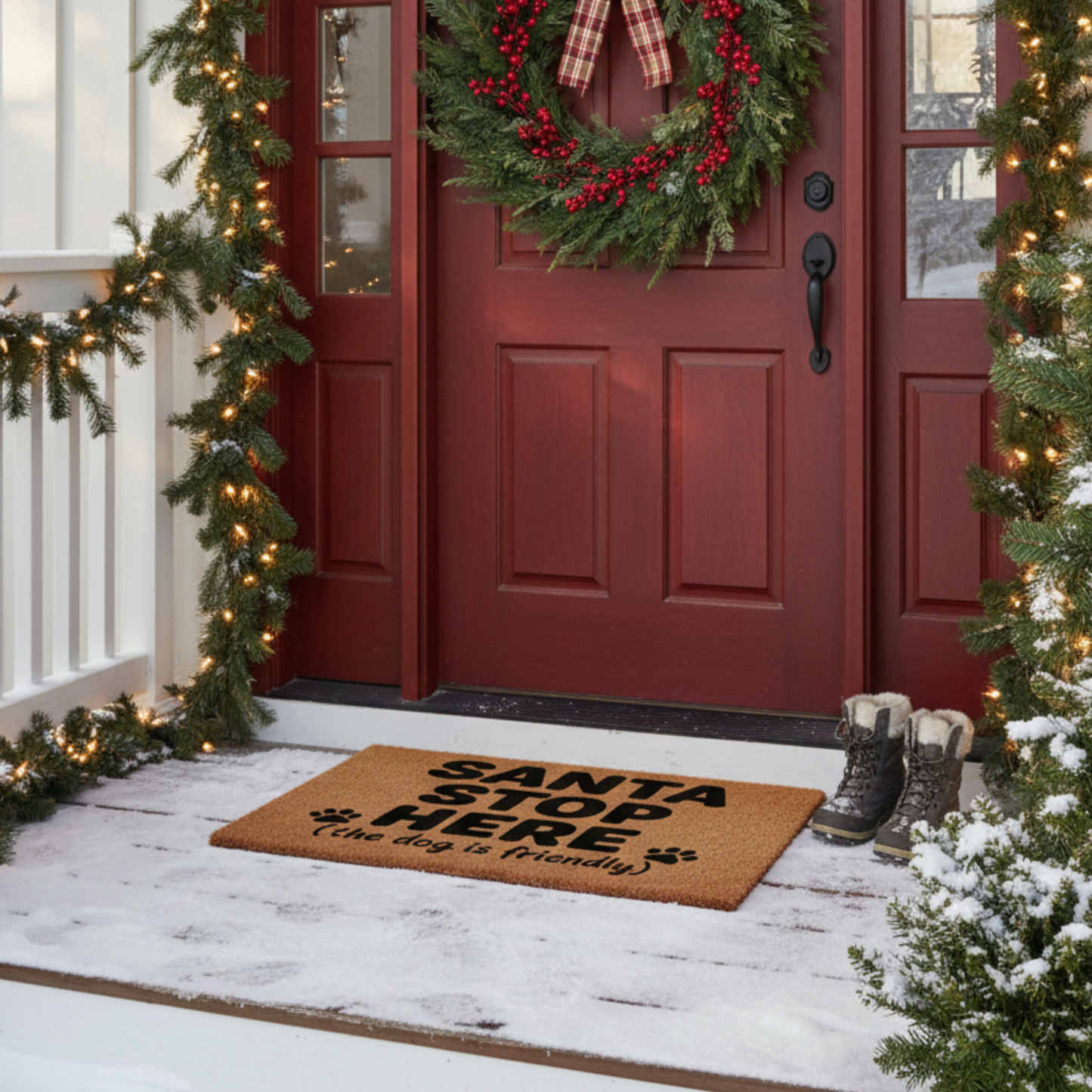 Christmas Doormat — "Santa Stop Here (the dog is friendly)" Holiday Welcome Mat
