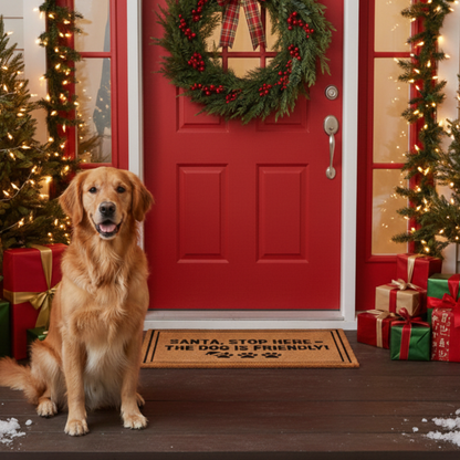 Doormat — “Santa, Stop Here - The Dog Is Friendly” Holiday Welcome Mat