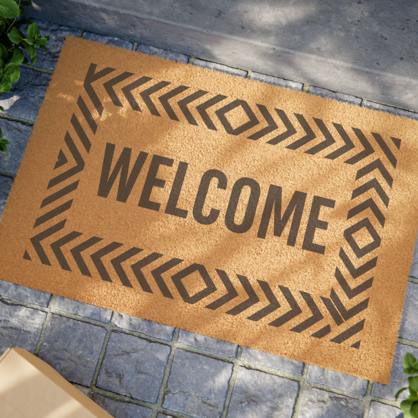Natural Coir Welcome Doormat with Geometric Border